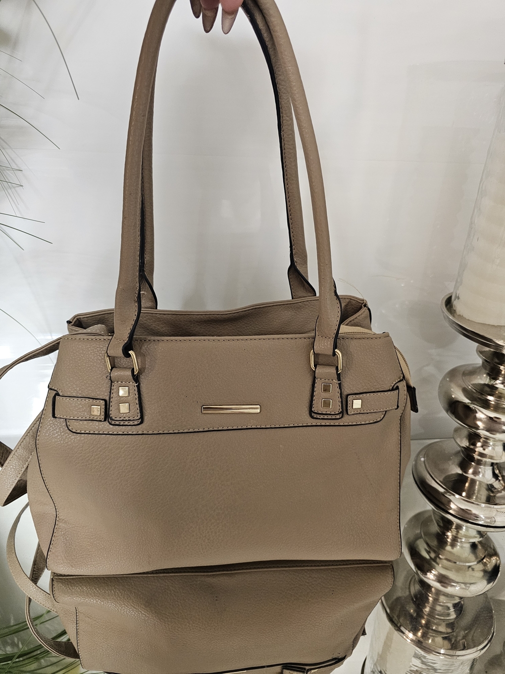 Taupe Structured Tote Handbag - Unbranded